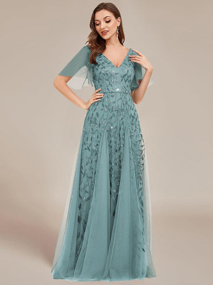 ever ASTRAL|Ruffle Sleeves Leaf Sequin Maxi Bridesmaid Dress