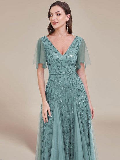 ever ASTRAL|Ruffle Sleeves Leaf Sequin Maxi Bridesmaid Dress