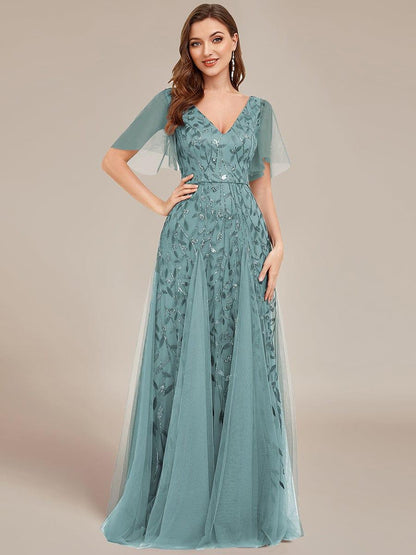 ever ASTRAL|Elegant Ruffle Sleeves Maxi Sequin Mother of the Bride Dress