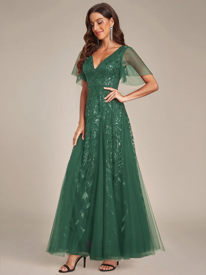 ever ASTRAL|Ruffle Sleeves Leaf Sequin Maxi Bridesmaid Dress