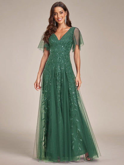 ever ASTRAL|Elegant Ruffle Sleeves Maxi Sequin Mother of the Bride Dress