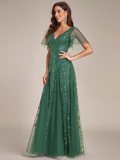 ever ASTRAL|Elegant Ruffle Sleeves Maxi Sequin Mother of the Bride Dress