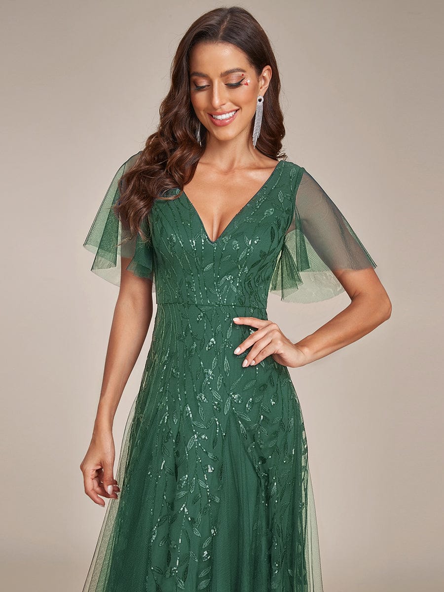 ever ASTRAL|Ruffle Sleeves Leaf Sequin Maxi Bridesmaid Dress