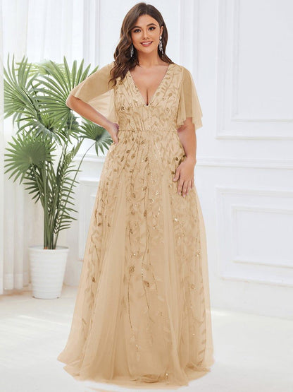 ever ASTRAL|Elegant Ruffle Sleeves Maxi Sequin Mother of the Bride Dress