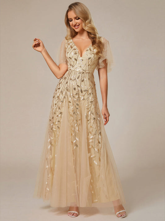 ever ASTRAL|Ruffle Sleeves Leaf Sequin Maxi Bridesmaid Dress