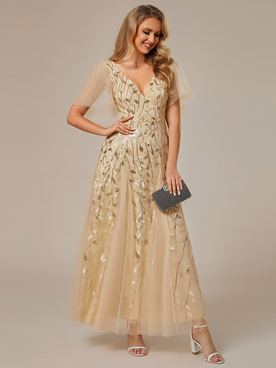 ever ASTRAL|Elegant Ruffle Sleeves Maxi Sequin Mother of the Bride Dress