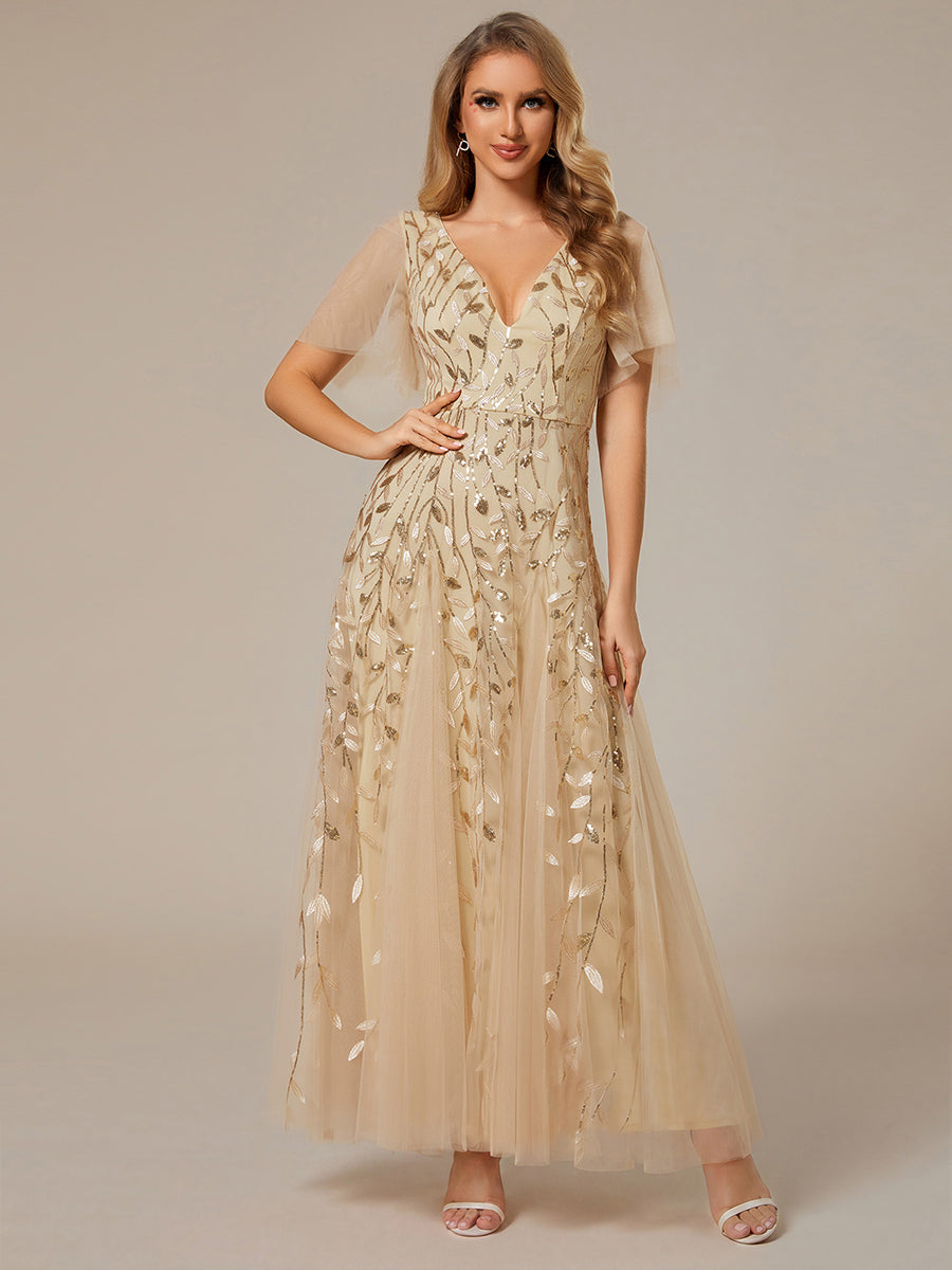 ever ASTRAL|Elegant Ruffle Sleeves Maxi Sequin Mother of the Bride Dress