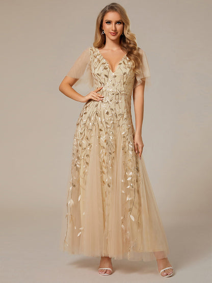ever ASTRAL|Elegant Ruffle Sleeves Maxi Sequin Mother of the Bride Dress