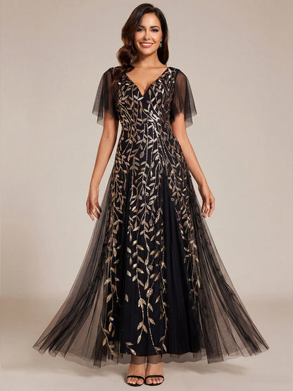 ever ASTRAL|Ruffle Sleeves Leaf Sequin Maxi Bridesmaid Dress