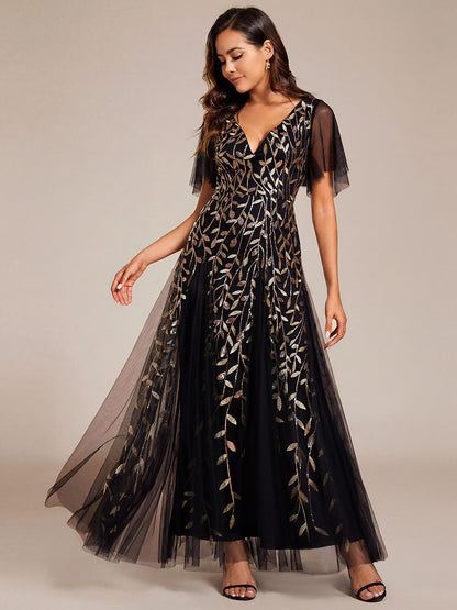ever ASTRAL|Ruffle Sleeves Leaf Sequin Maxi Bridesmaid Dress