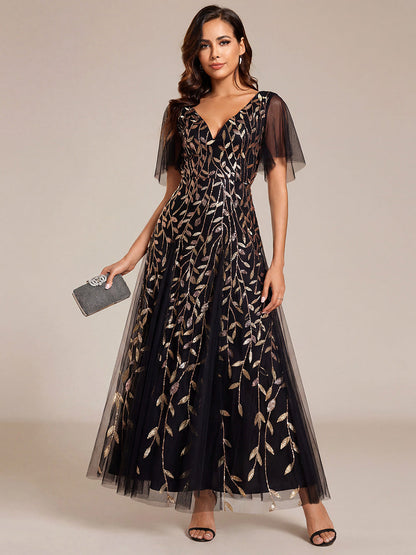 ever ASTRAL|Elegant Ruffle Sleeves Maxi Sequin Mother of the Bride Dress