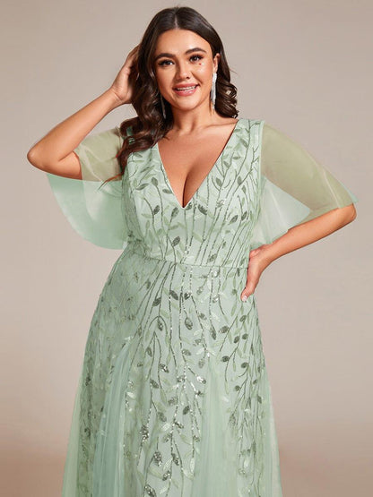 ever ASTRAL|Elegant Ruffle Sleeves Maxi Sequin Mother of the Bride Dress