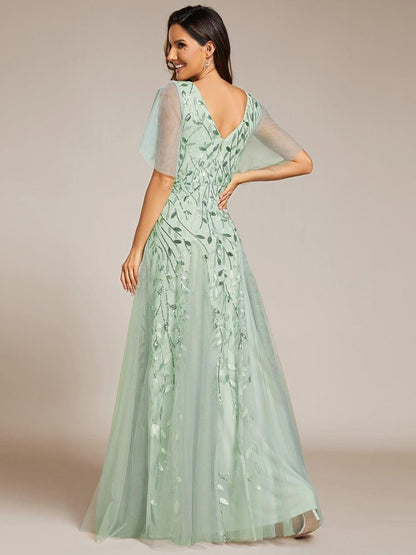 ever ASTRAL|Ruffle Sleeves Leaf Sequin Maxi Bridesmaid Dress