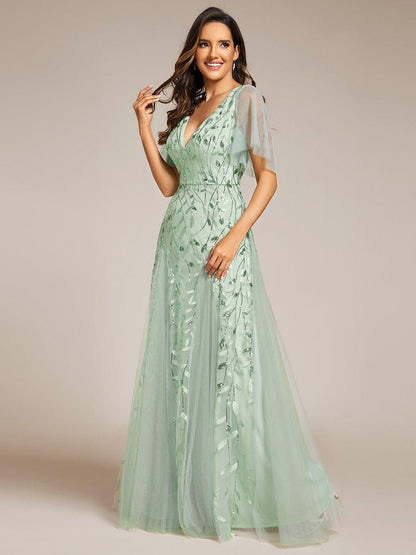 ever ASTRAL|Elegant Ruffle Sleeves Maxi Sequin Mother of the Bride Dress