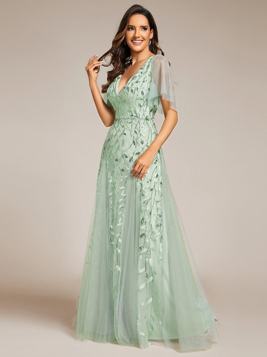 ever ASTRAL|Ruffle Sleeves Leaf Sequin Maxi Bridesmaid Dress