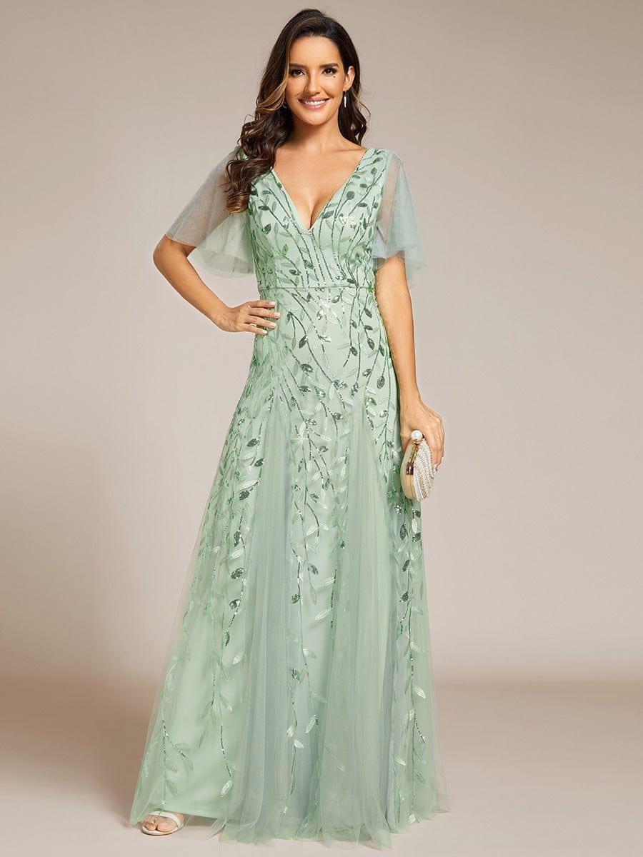 ever ASTRAL|Ruffle Sleeves Leaf Sequin Maxi Bridesmaid Dress