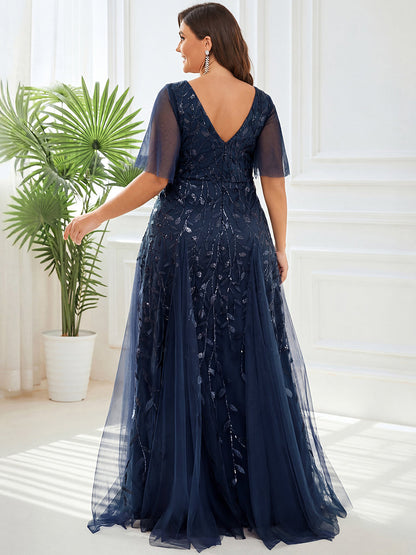 ever ASTRAL|Elegant Ruffle Sleeves Maxi Sequin Mother of the Bride Dress