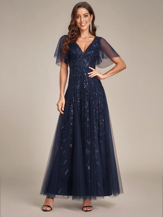ever ASTRAL|Elegant Ruffle Sleeves Maxi Sequin Mother of the Bride Dress
