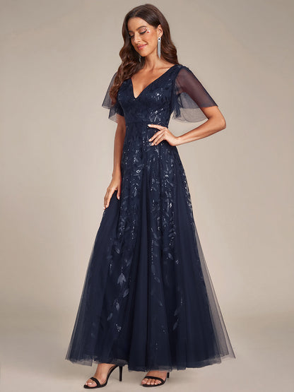 ever ASTRAL|Ruffle Sleeves Leaf Sequin Maxi Bridesmaid Dress