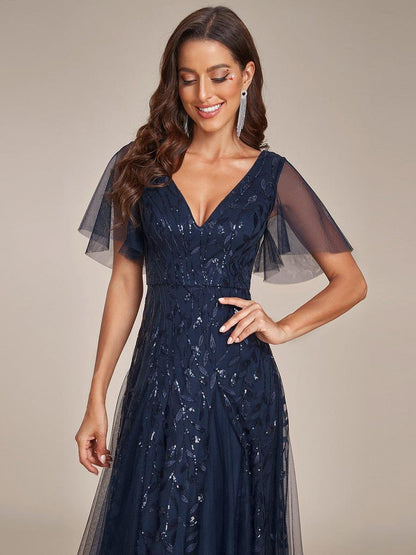 ever ASTRAL|Elegant Ruffle Sleeves Maxi Sequin Mother of the Bride Dress
