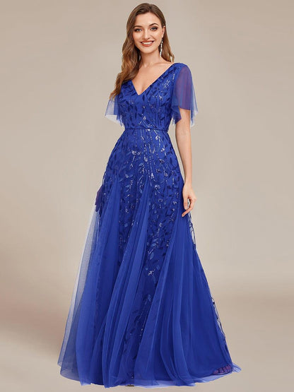 ever ASTRAL|Elegant Ruffle Sleeves Maxi Sequin Mother of the Bride Dress