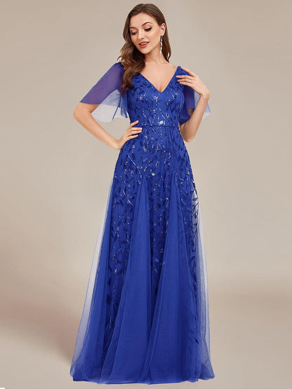 ever ASTRAL|Ruffle Sleeves Leaf Sequin Maxi Bridesmaid Dress