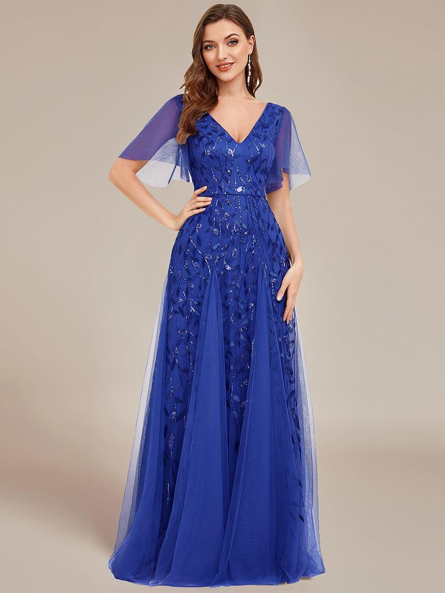 ever ASTRAL|Ruffle Sleeves Leaf Sequin Maxi Bridesmaid Dress