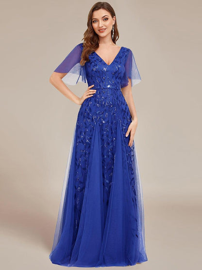 ever ASTRAL|Elegant Ruffle Sleeves Maxi Sequin Mother of the Bride Dress