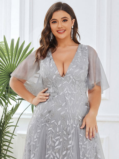 ever ASTRAL|Elegant Ruffle Sleeves Maxi Sequin Mother of the Bride Dress