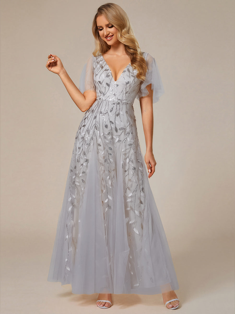 ever ASTRAL|Ruffle Sleeves Leaf Sequin Maxi Bridesmaid Dress