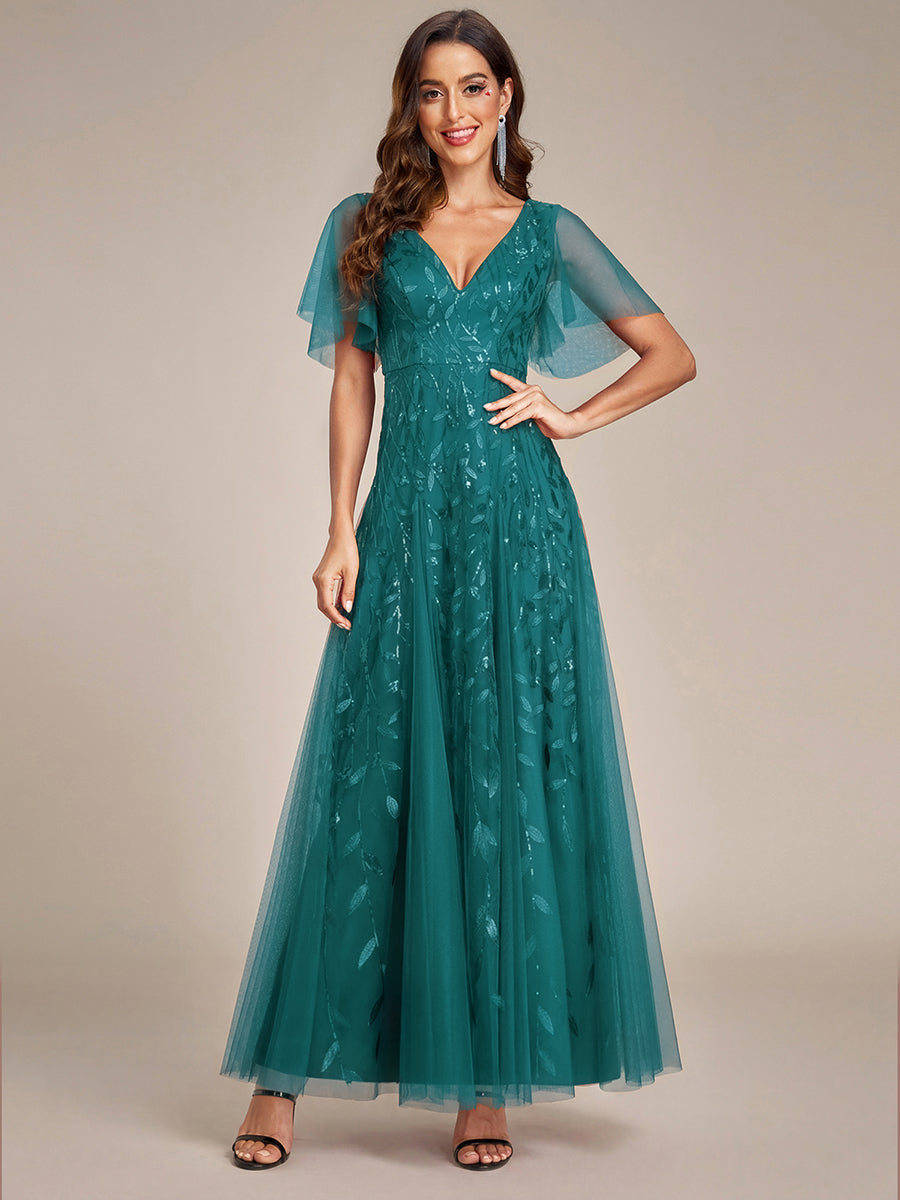 ever ASTRAL|Ruffle Sleeves Leaf Sequin Maxi Bridesmaid Dress