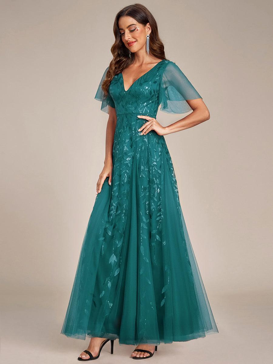 ever ASTRAL|Ruffle Sleeves Leaf Sequin Maxi Bridesmaid Dress
