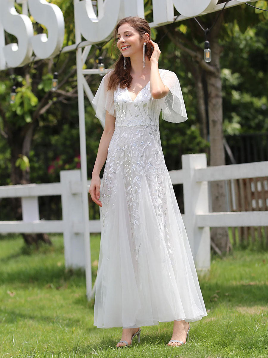 ever ASTRAL|Ruffle Sleeves Leaf Sequin Maxi Bridesmaid Dress