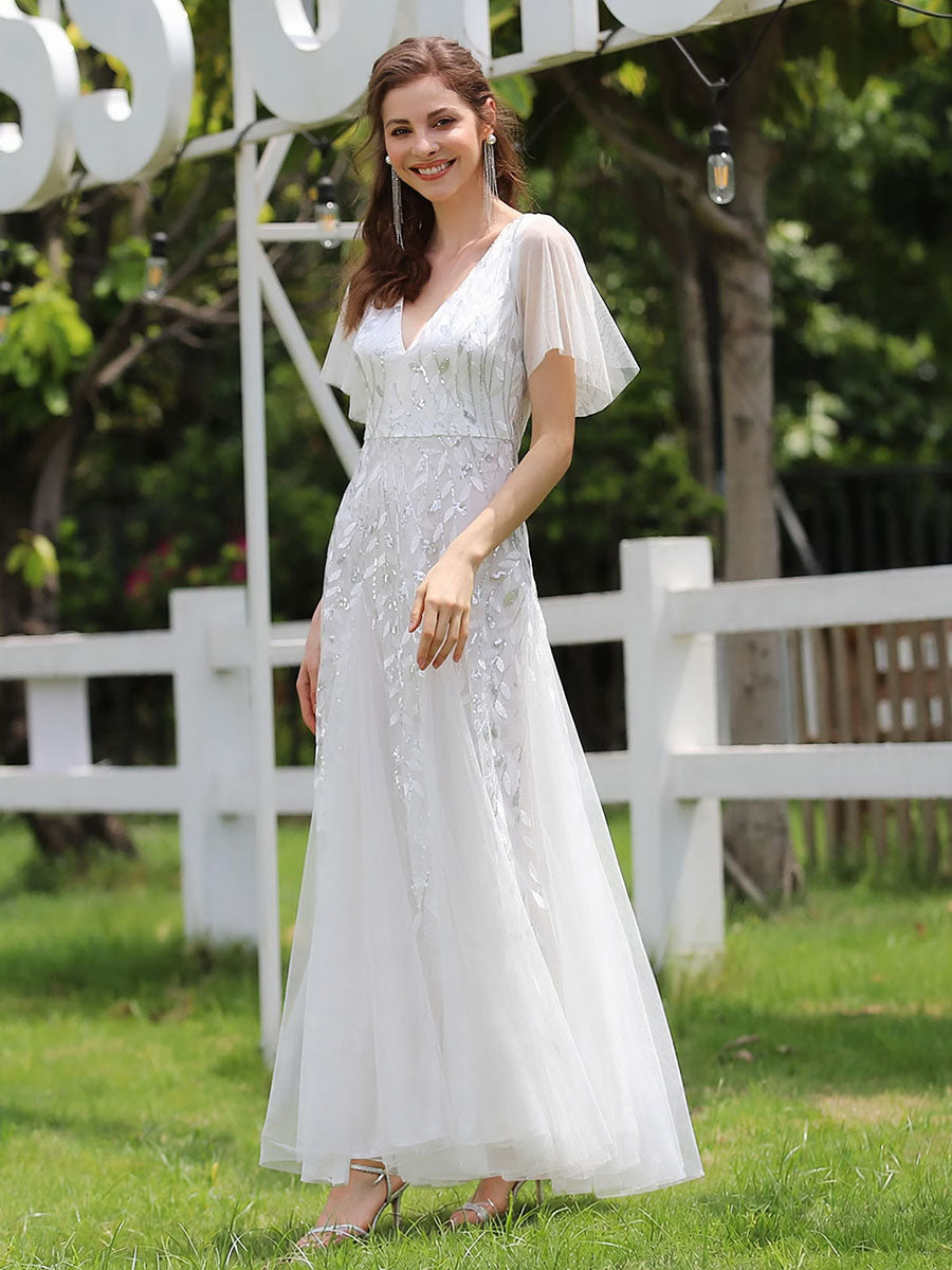 ever ASTRAL|Ruffle Sleeves Leaf Sequin Maxi Bridesmaid Dress