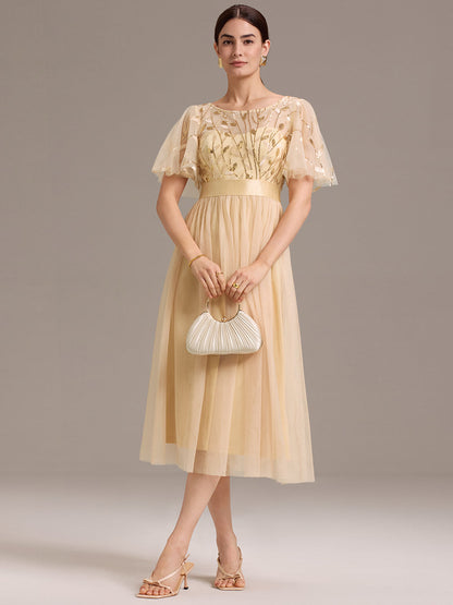 ever TAYLOR|Sequin Leaf Mesh Midi Party Dress