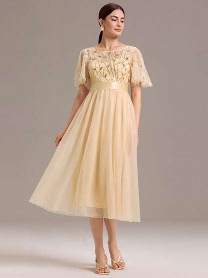 ever TAYLOR|Sequin Leaf Mesh Midi Party Dress