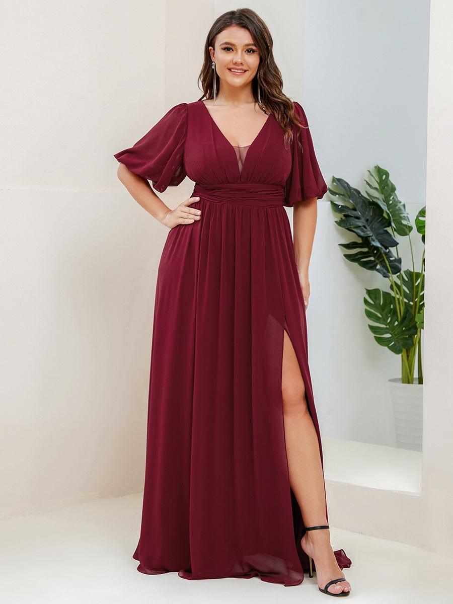 ever MADISON|Chiffon Illusion V-Neck Flutter Sleeve Front Slit Evening Dress