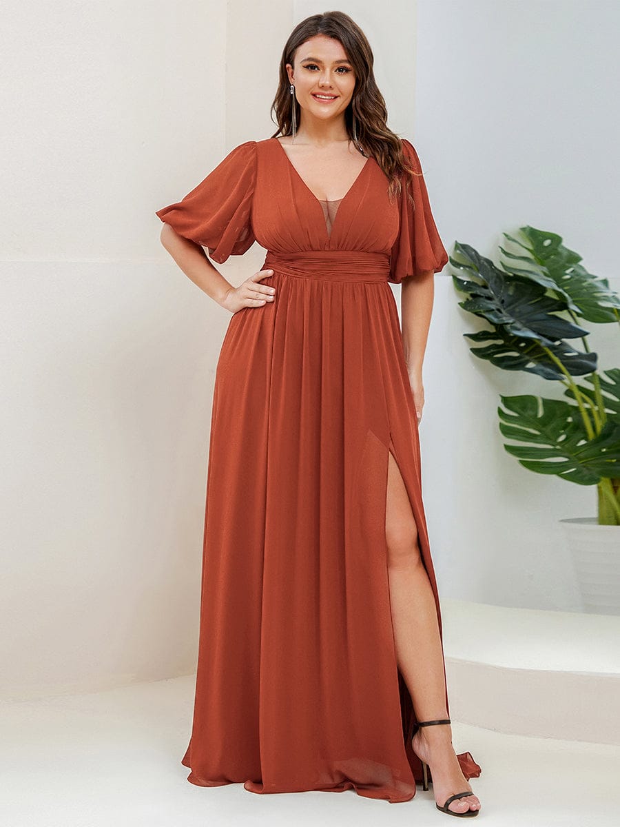 pretty MADISON|Plus Size V-Neck Front Slit Chiffon Evening Dress