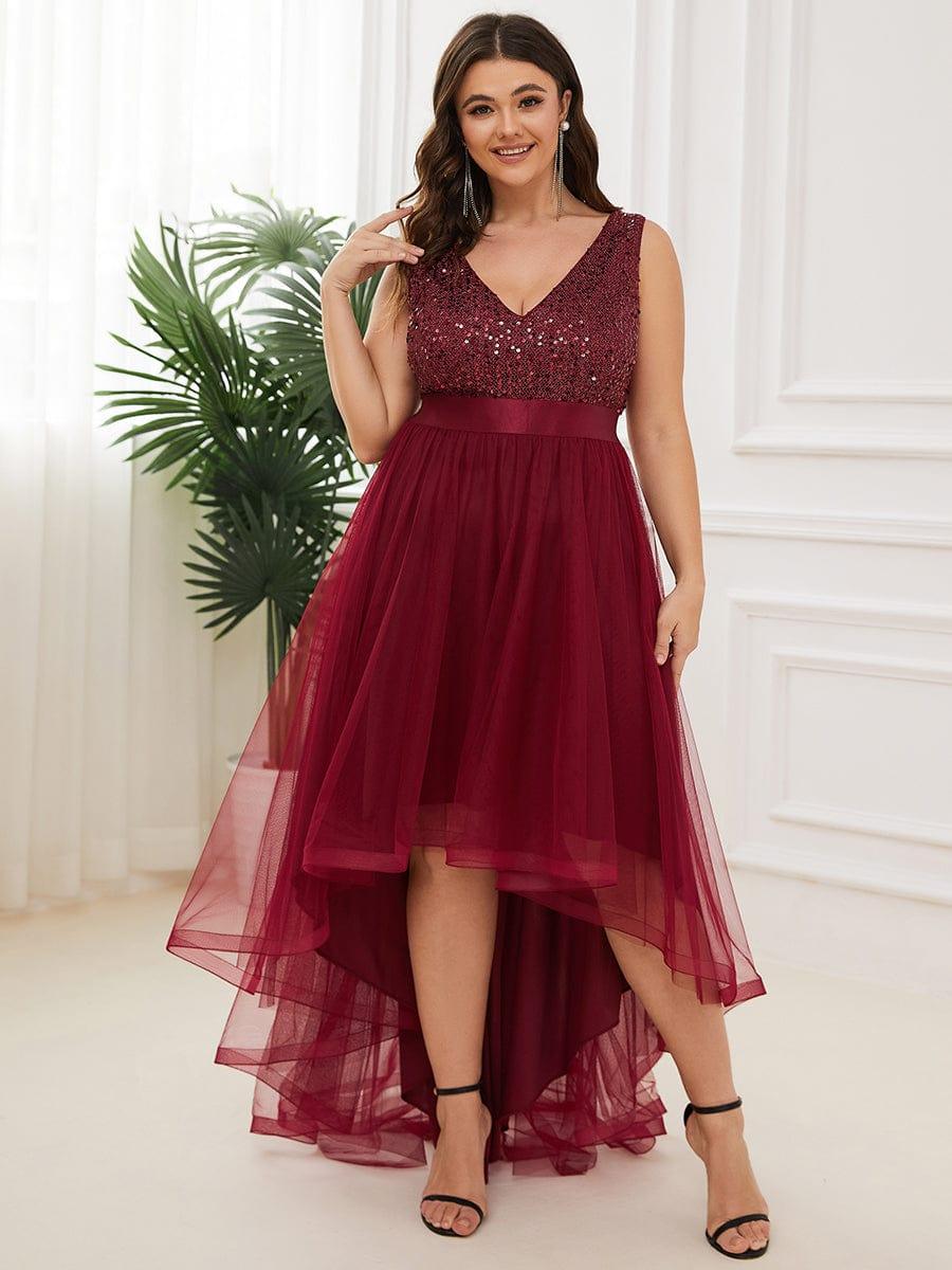 ever CALLIE|Sequin Bodice Tulle High-Low Evening Dress with Ribbon Waist