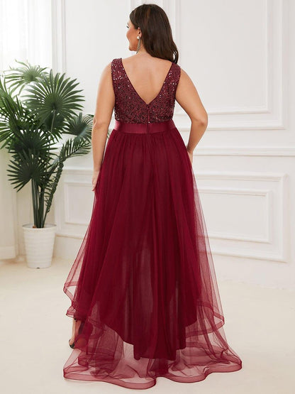 ever CALLIE|Sequin Bodice Tulle High-Low Evening Dress with Ribbon Waist