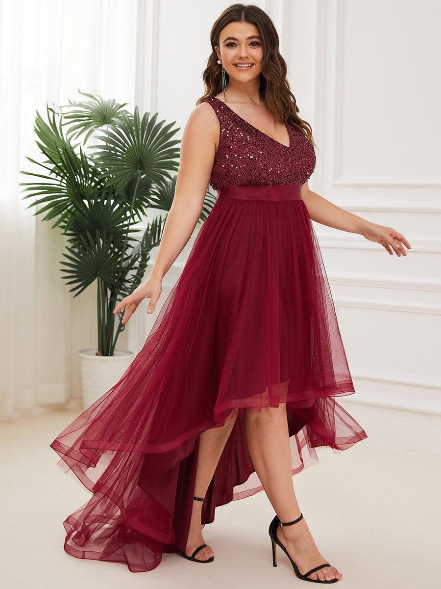 ever CALLIE|Sequin Bodice Tulle High-Low Evening Dress with Ribbon Waist