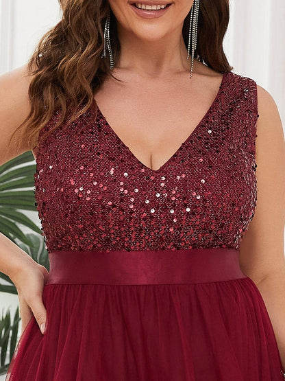 ever CALLIE|Sequin Bodice Tulle High-Low Evening Dress with Ribbon Waist