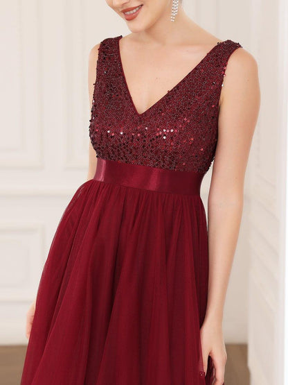 ever CALLIE|Sequin Bodice Tulle High-Low Evening Dress with Ribbon Waist