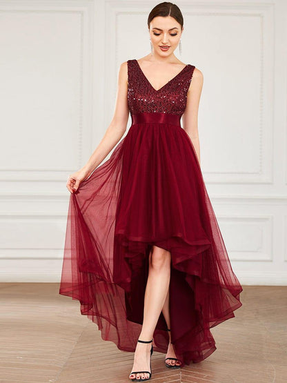 ever CALLIE|Sequin Bodice Tulle High-Low Evening Dress with Ribbon Waist