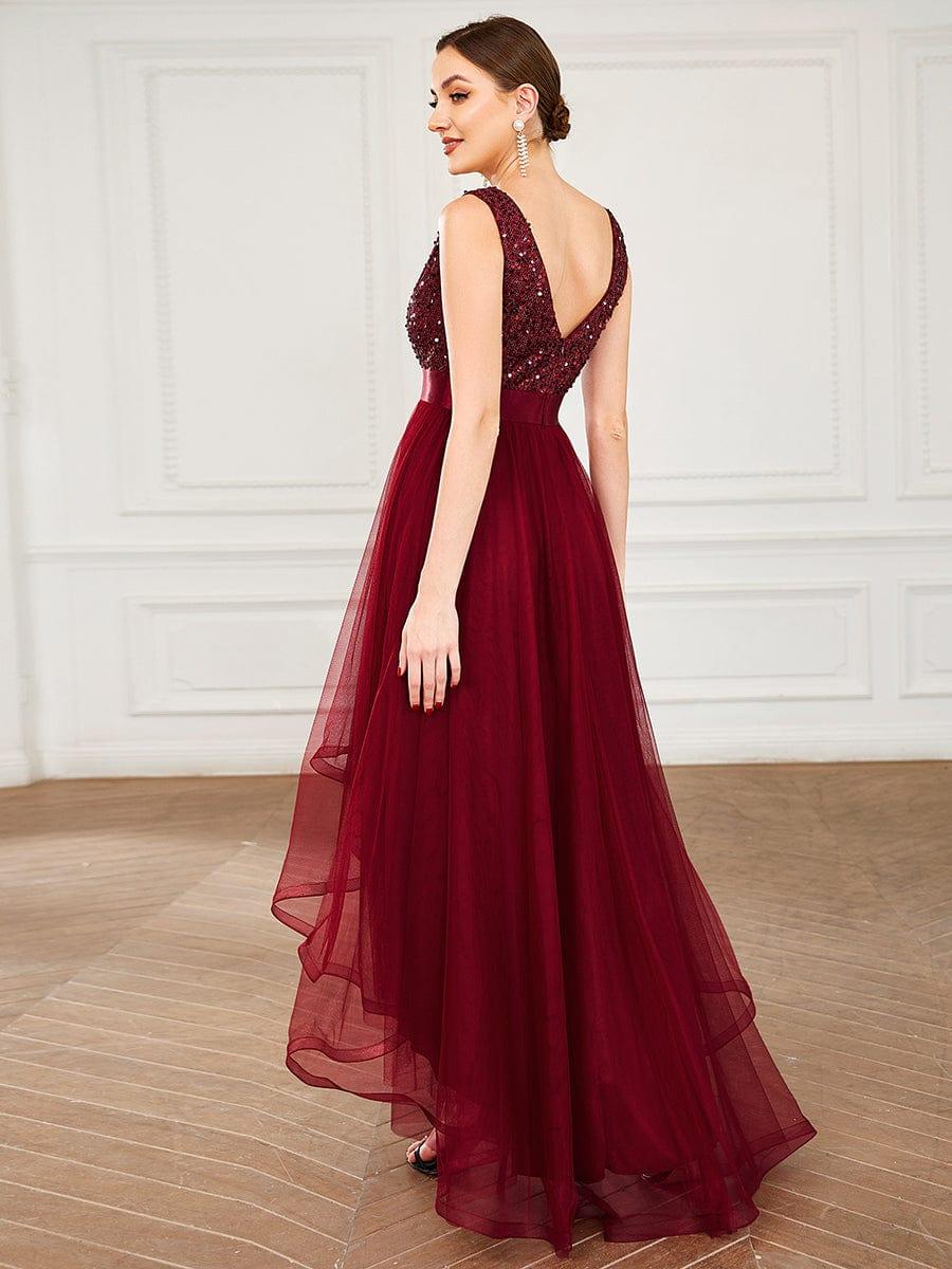 ever CALLIE|Sequin Bodice Tulle High-Low Evening Dress with Ribbon Waist