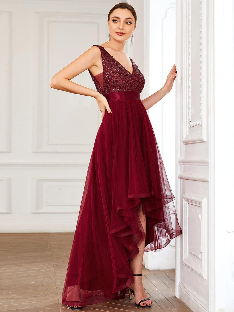 ever CALLIE|Sequin Bodice Tulle High-Low Evening Dress with Ribbon Waist
