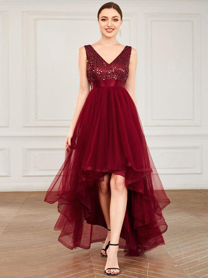 ever CALLIE|Sequin Bodice Tulle High-Low Evening Dress with Ribbon Waist
