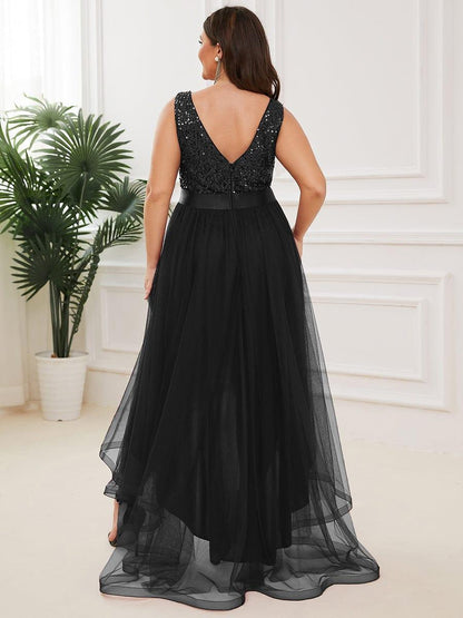 ever CALLIE|Sequin Bodice Tulle High-Low Evening Dress with Ribbon Waist