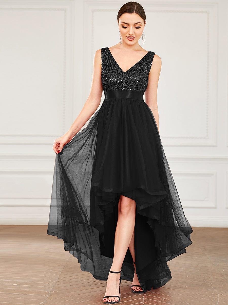 ever CALLIE|Sequin Bodice Tulle High-Low Evening Dress with Ribbon Waist