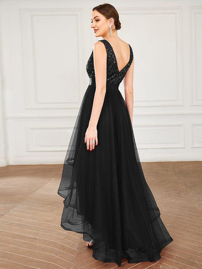 ever CALLIE|Sequin Bodice Tulle High-Low Evening Dress with Ribbon Waist